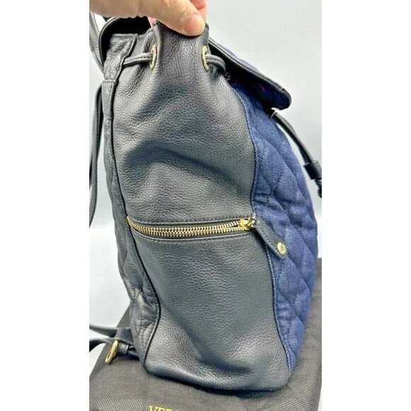 VERA BRADLEY Genuine Black Leather & Navy Denim Backpack - Perfect Condition - Picture 4 of 14